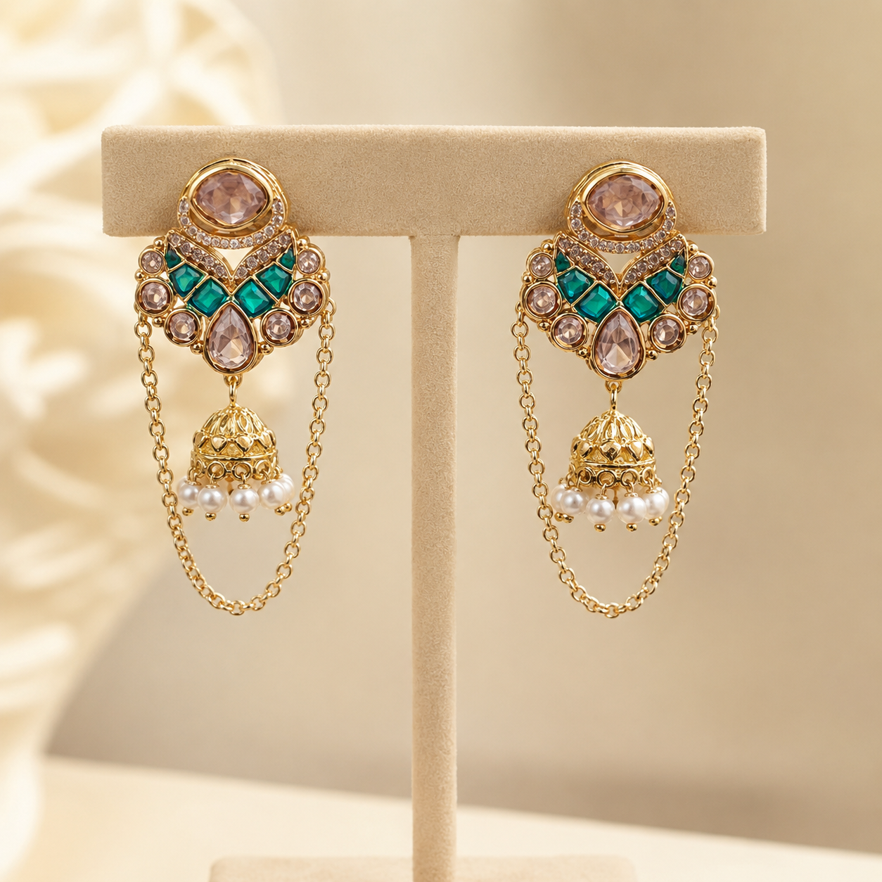 Zariah Chain Jhumki Earrings | Kundan Pearl Drop Earrings for Women