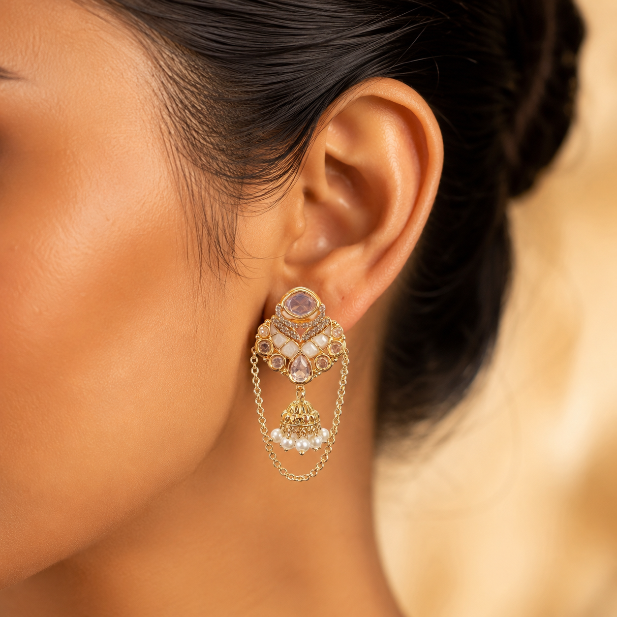 Zariah Chain Jhumki Earrings | Kundan Pearl Drop Earrings for Women