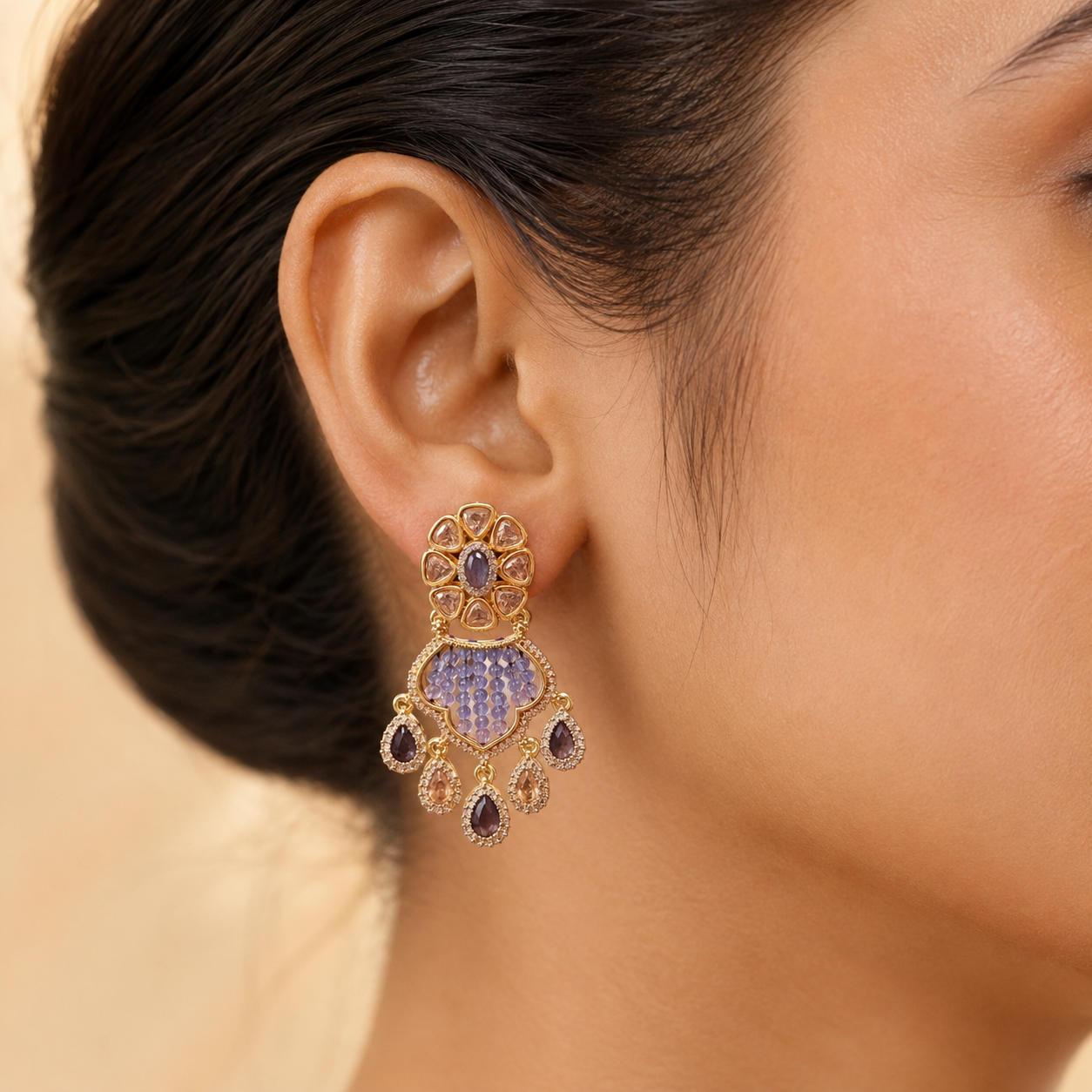 Violetta Cascade Earrings | Lavender Moissanite Chandelier Earrings in Rose Gold