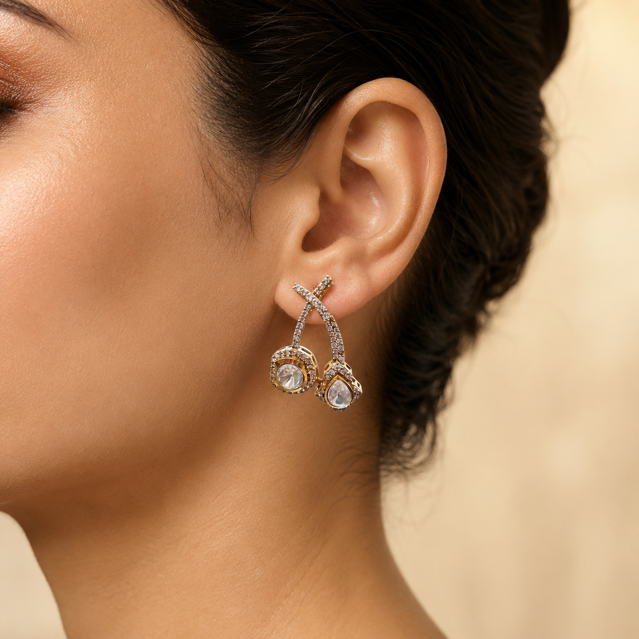 Avelyn Twin Drops Moissanite Earrings | Rose Gold Halo Drop Earrings for Women