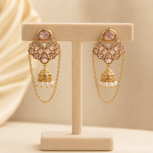 Zariah Chain Jhumki Earrings | Kundan Pearl Drop Earrings for Women