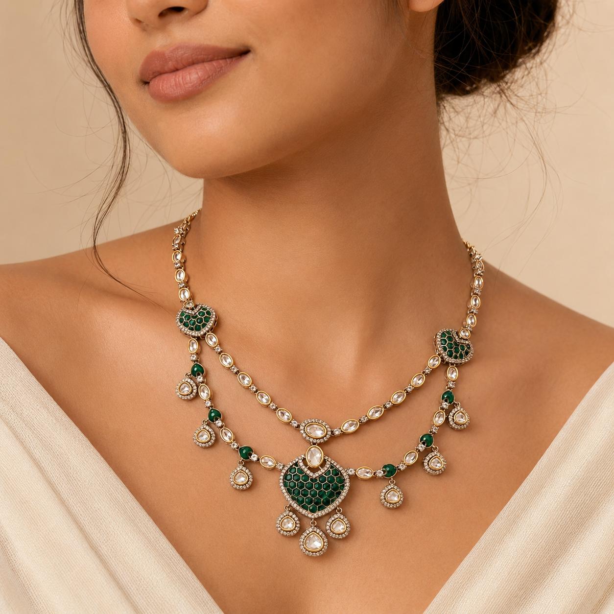 Mehera Emerald Set | Green Moissanite Layered Necklace & Earrings Set for Women