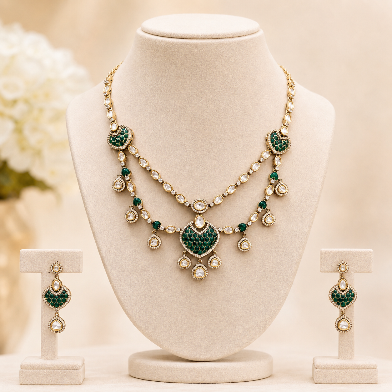 Mehera Emerald Set | Green Moissanite Layered Necklace & Earrings Set for Women