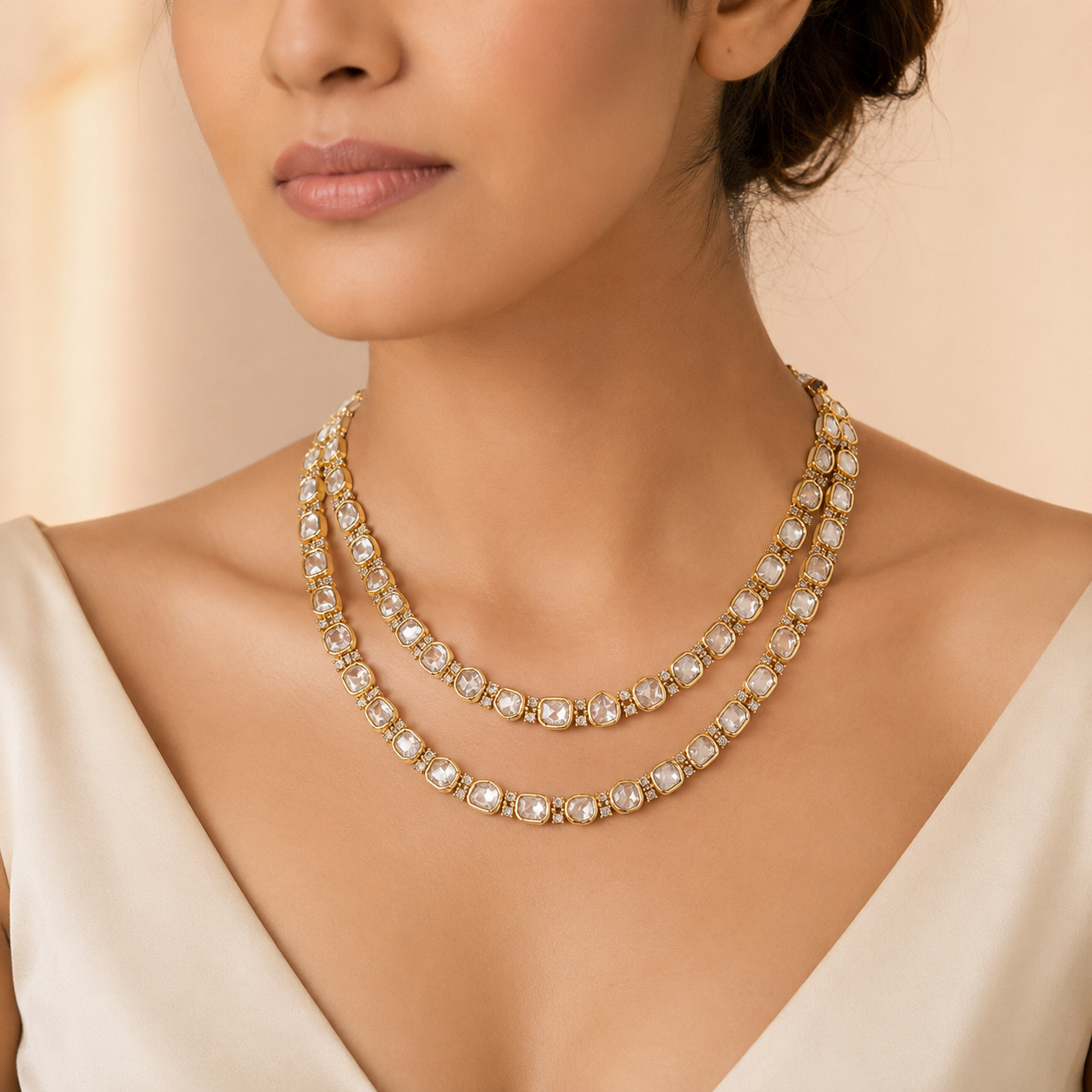 Vihana Layered Set | Double Layer Moissanite Necklace & Earrings Set for Women