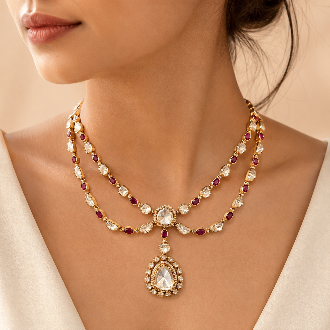 Ruhira Royale Set | Ruby-Tone Moissanite Layered Necklace & Earrings Set for Women