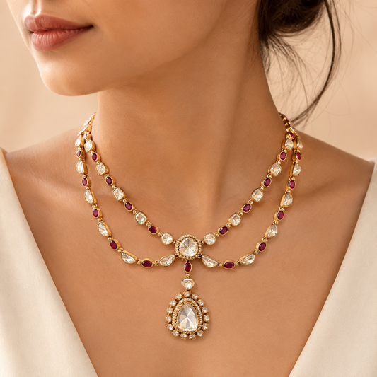 Ruhira Royale Set | Ruby-Tone Moissanite Layered Necklace & Earrings Set for Women