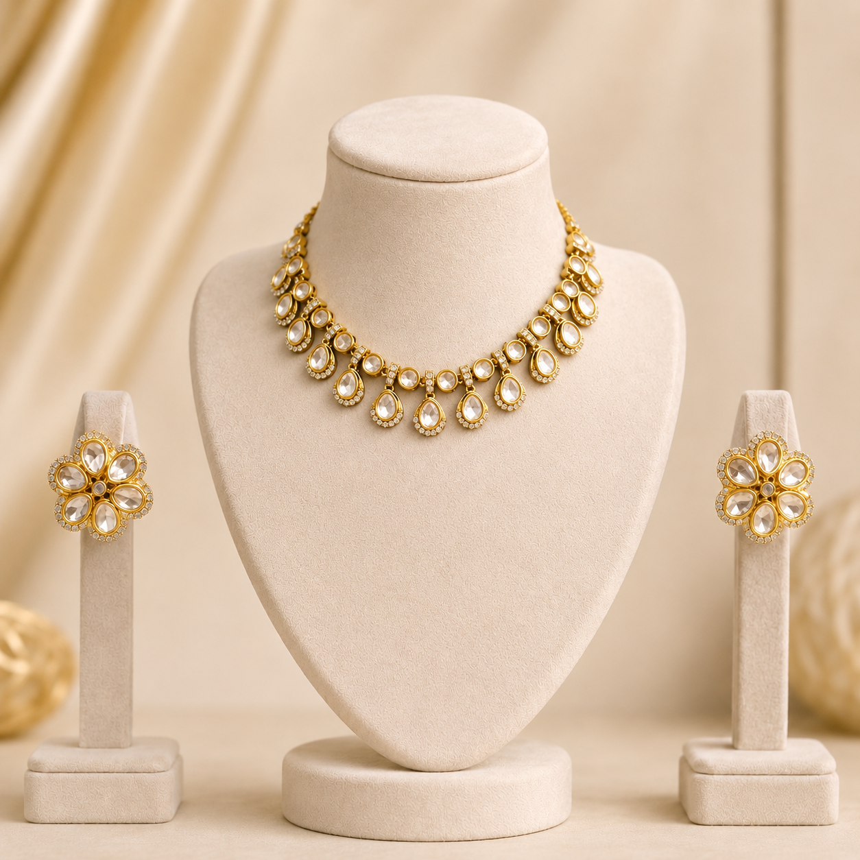 Aarini Blossom Set | Floral Moissanite Necklace & Earrings Set for Women | Gold Finish Jewelry