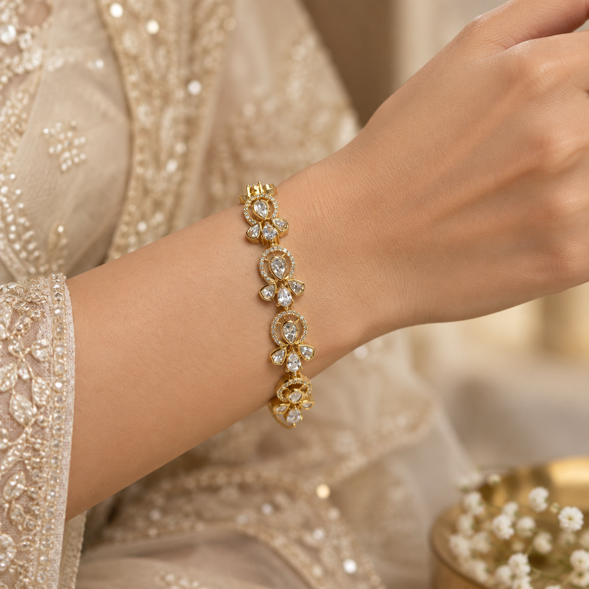 Arosha Emerald Moissanite Polki Bracelet | 22K Gold Plated