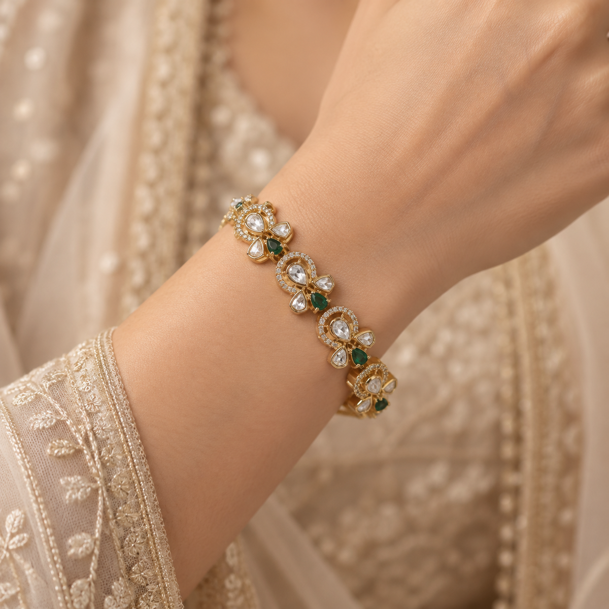 Arosha Emerald Moissanite Polki Bracelet | 22K Gold Plated