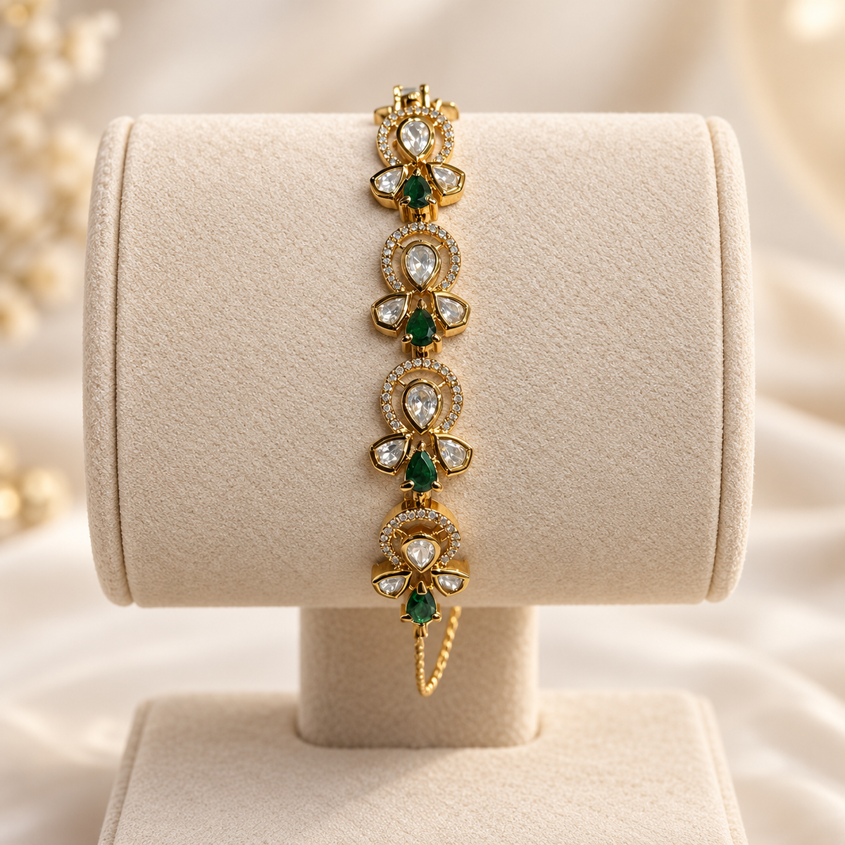 Arosha Emerald Moissanite Polki Bracelet | 22K Gold Plated