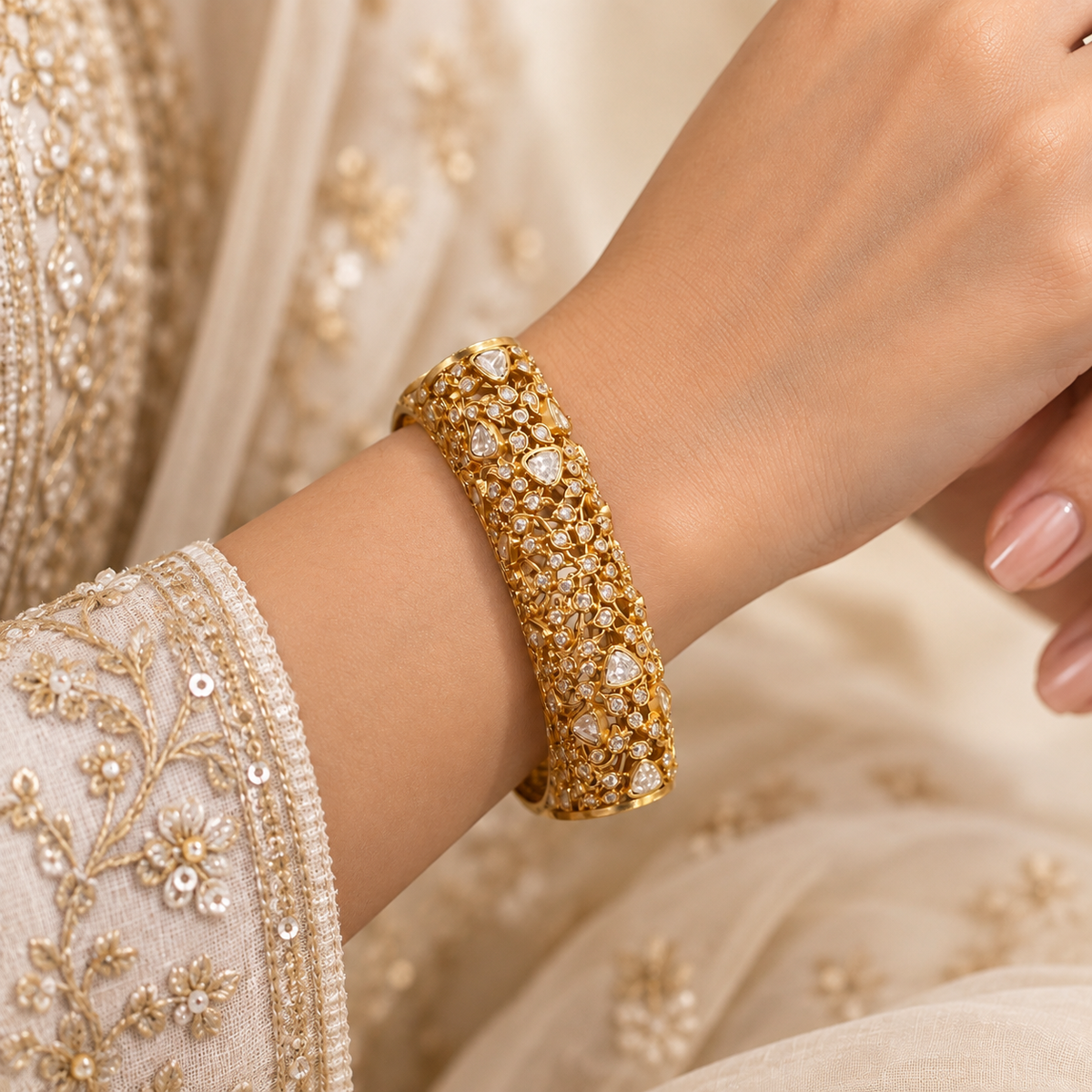 Zarbaft Moissanite Polki Bangle | 22K Gold Plated Statement Bangle