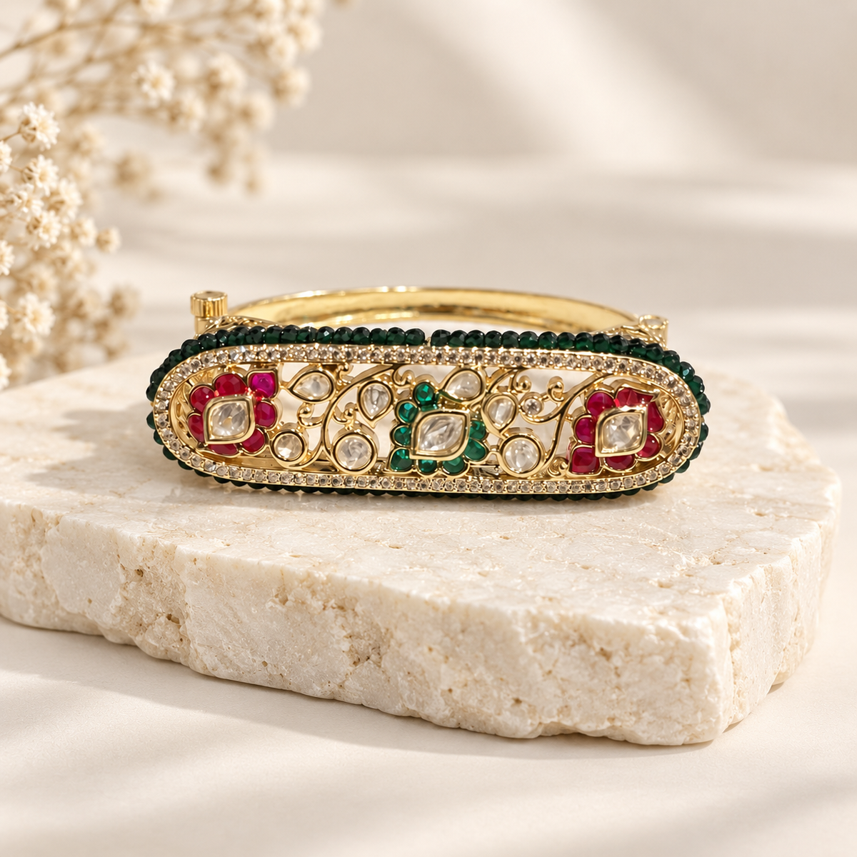 Phoolzaar Multicolor Moissanite Polki Bangle | 22K Gold Plated