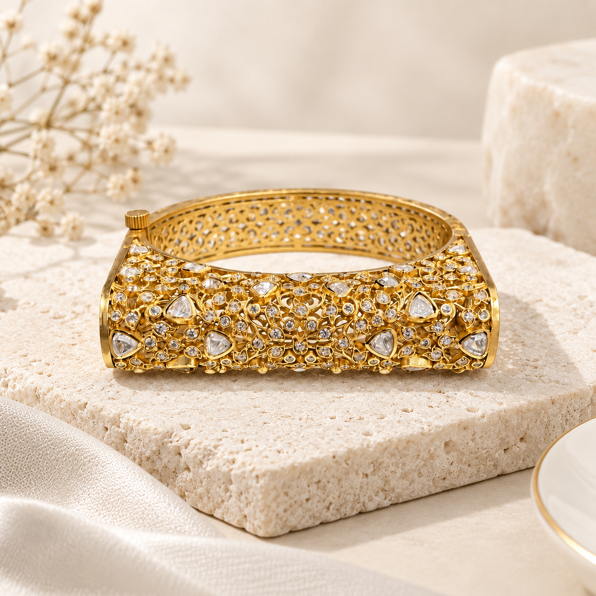 Zarbaft Moissanite Polki Bangle | 22K Gold Plated Statement Bangle