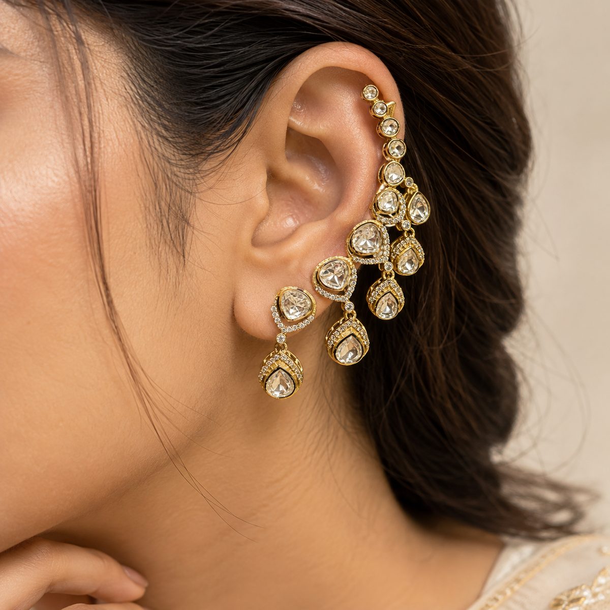Zelora Cascade Moissanite Polki Earcuff | 22K Gold Plated