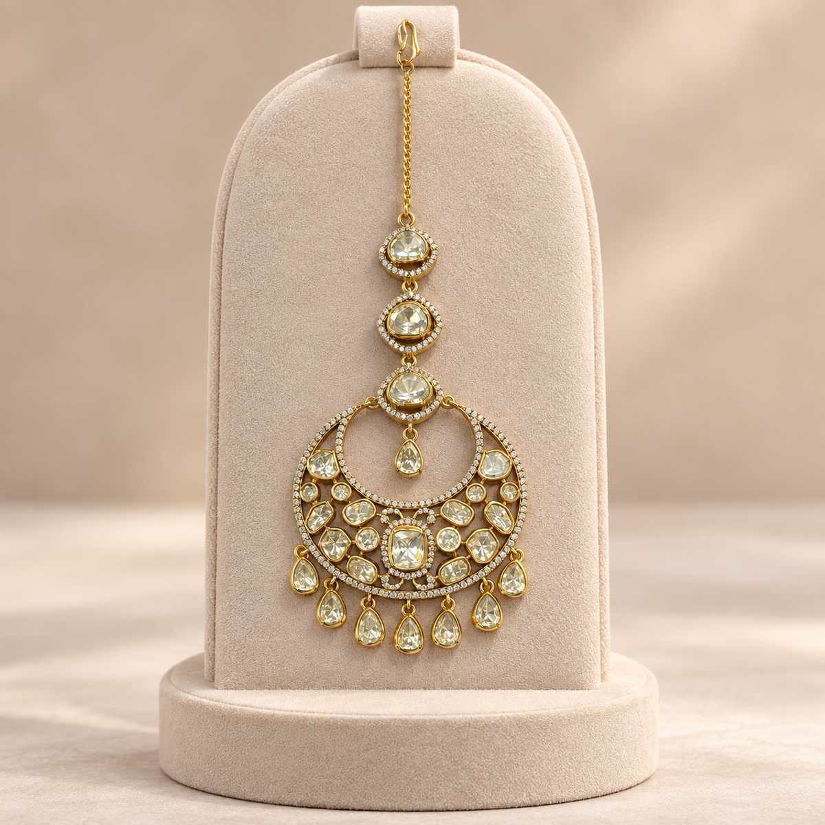 Mehtab Moissanite Polki Maangtika | 22K Gold Plated Crescent Tika
