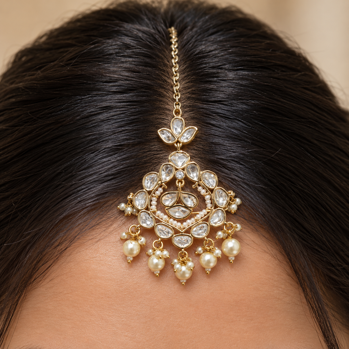 Meherika Moissanite Polki Maangtika | 22K Gold Plated Pearl Tika