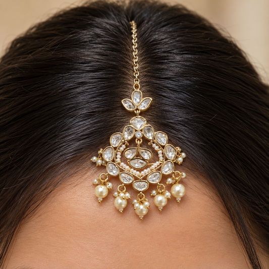 Meherika Moissanite Polki Maangtika | 22K Gold Plated Pearl Tika