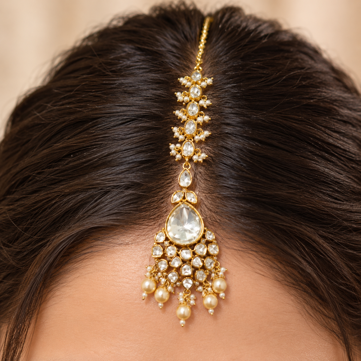 Gulmeher Moissanite Polki Maangtika | 22K Gold Plated Pearl Tika