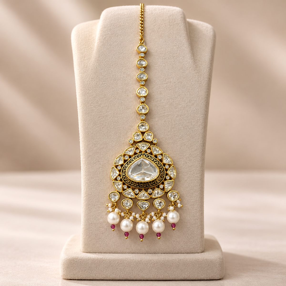 Riwaayat Moissanite Polki Maangtika | 22K Gold Plated Pearl Tika