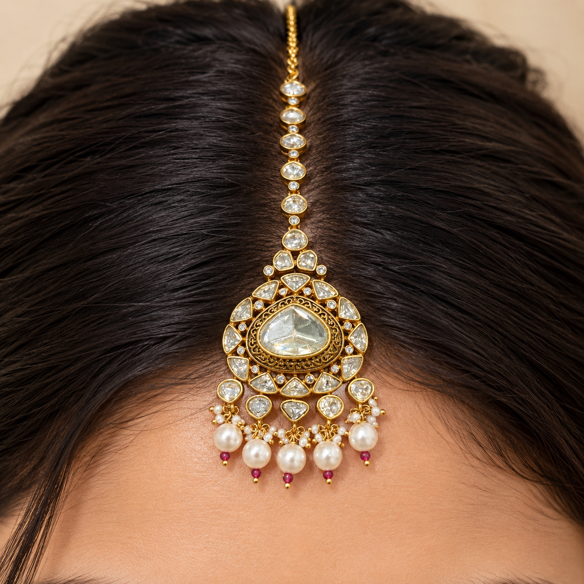 Riwaayat Moissanite Polki Maangtika | 22K Gold Plated Pearl Tika