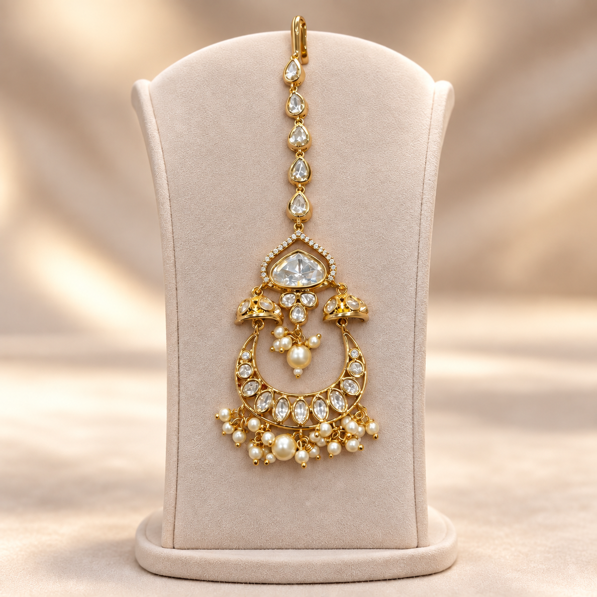 Chandravali Moissanite Polki Maangtika | 22K Gold Plated Pearl Tika