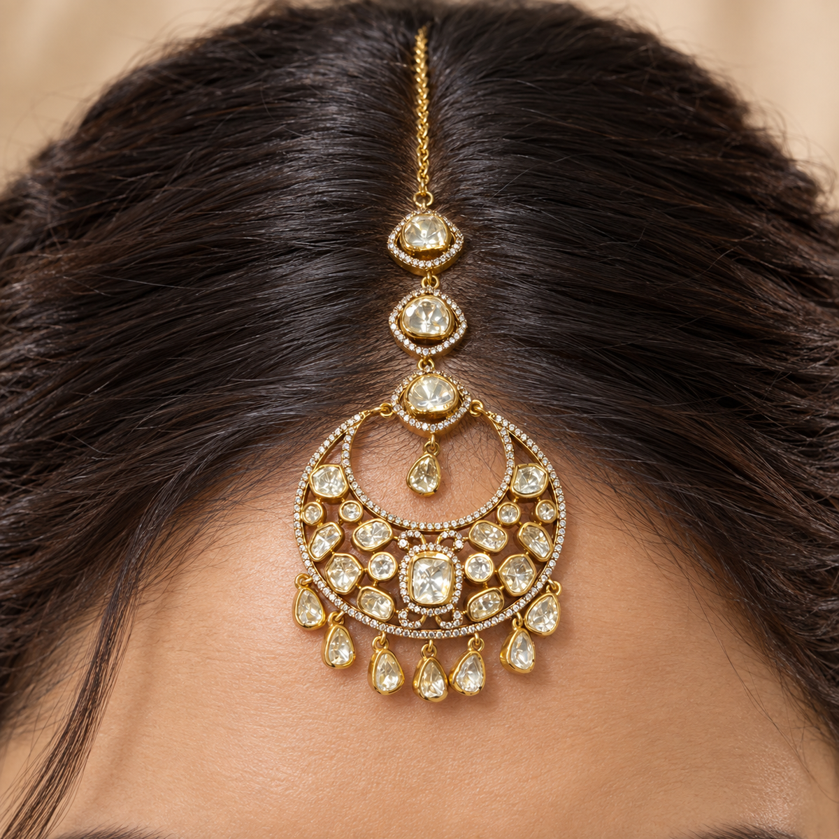 Mehtab Moissanite Polki Maangtika | 22K Gold Plated Crescent Tika