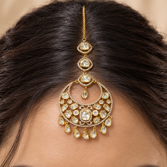 Mehtab Moissanite Polki Maangtika | 22K Gold Plated Crescent Tika