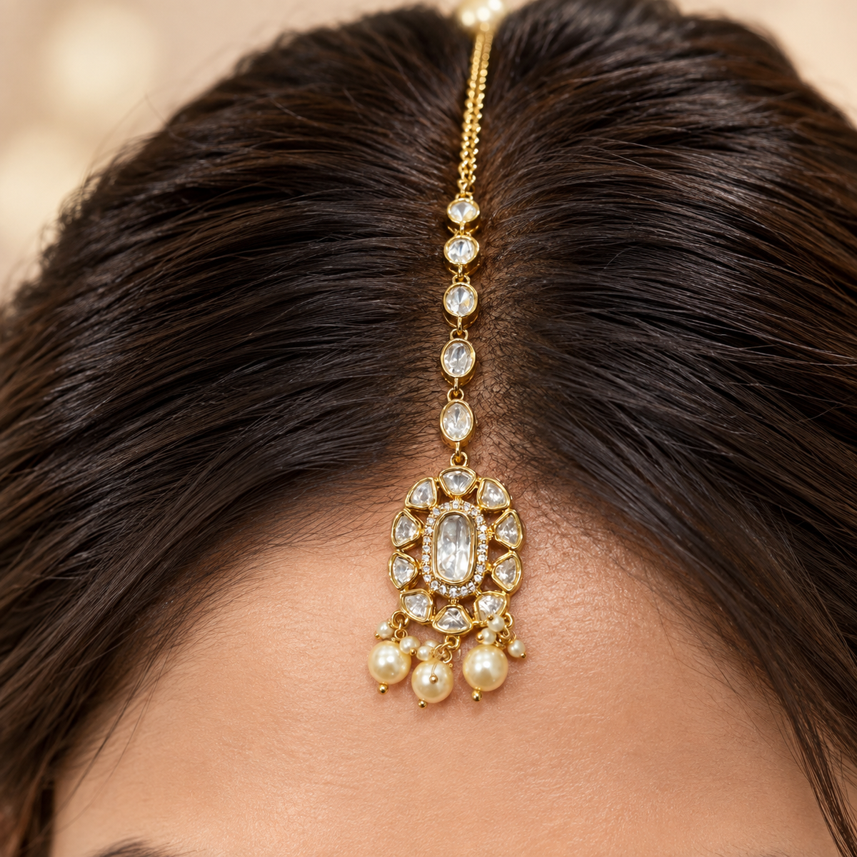 Kamalini Moissanite Polki Maangtika | 22K Gold Plated Pearl Tika