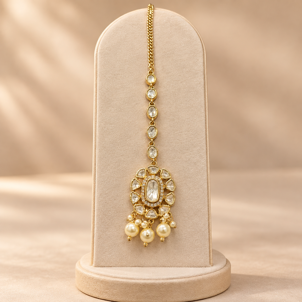 Kamalini Moissanite Polki Maangtika | 22K Gold Plated Pearl Tika