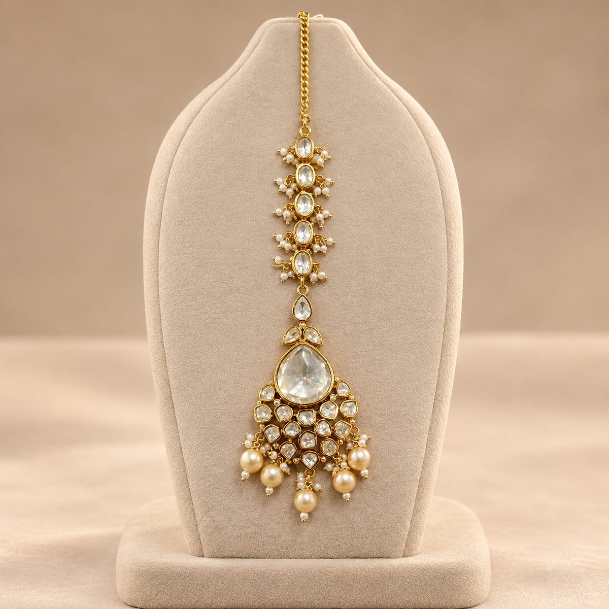 Gulmeher Moissanite Polki Maangtika | 22K Gold Plated Pearl Tika