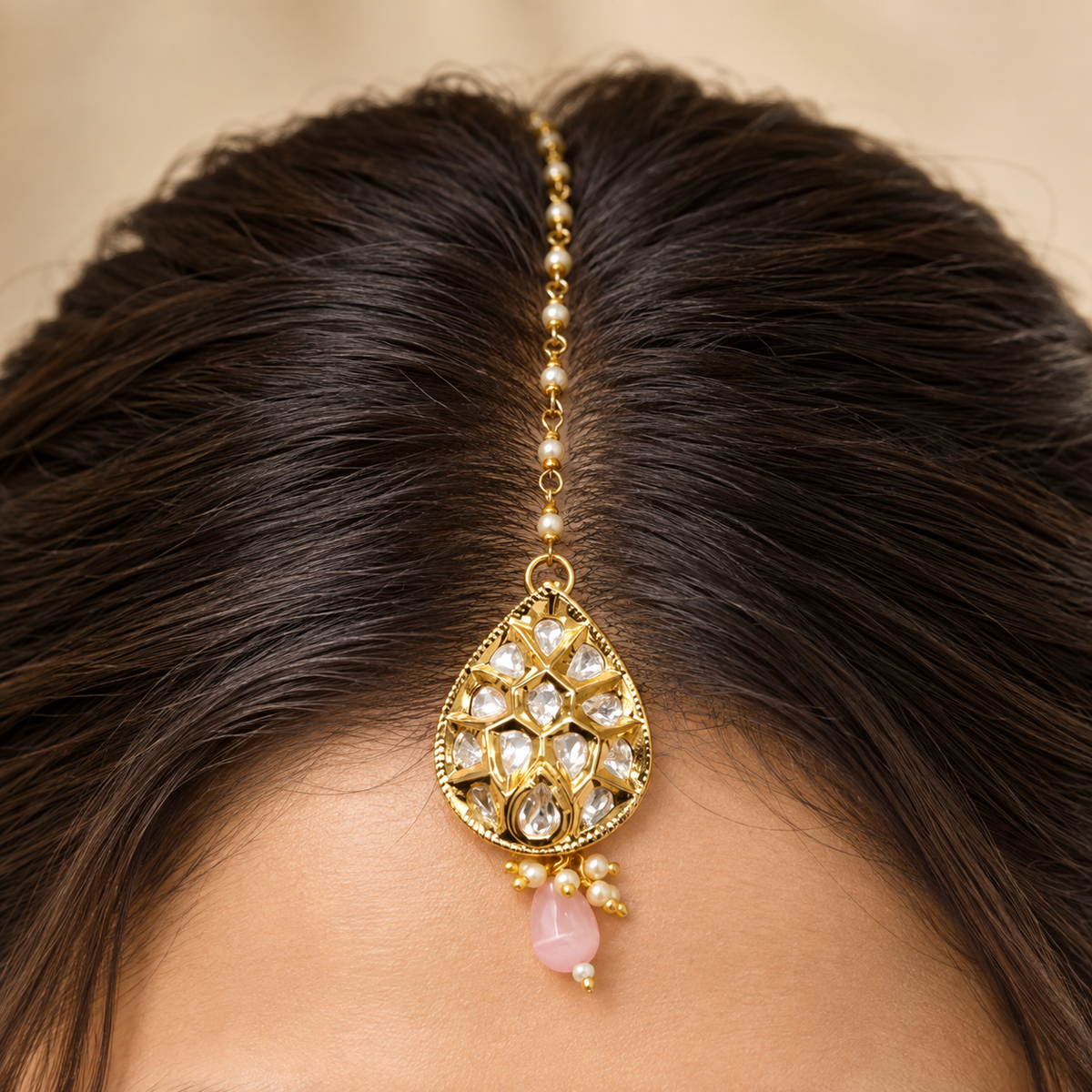 Pankhuri Moissanite Polki Maangtika | 22K Gold Plated Pearl Chain