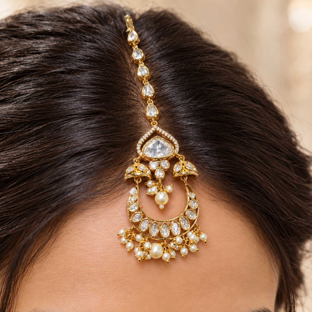 Chandravali Moissanite Polki Maangtika | 22K Gold Plated Pearl Tika