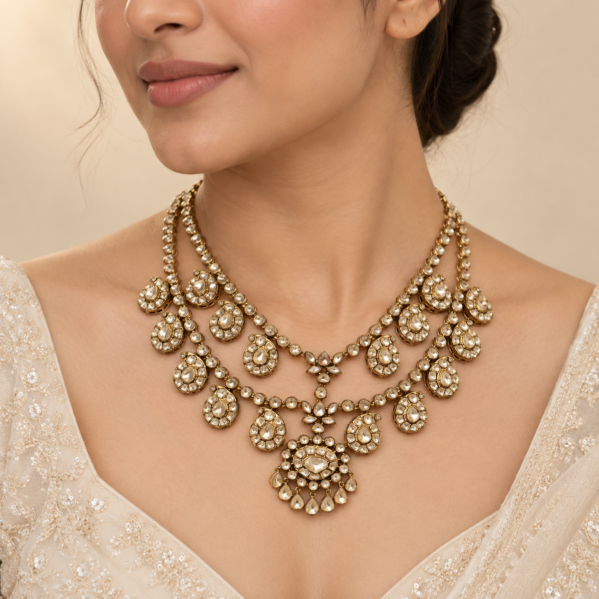 Zarvienne Moissanite Uncut Polki Necklace Set with Earrings | 22KT Gold Plated Pure Brass