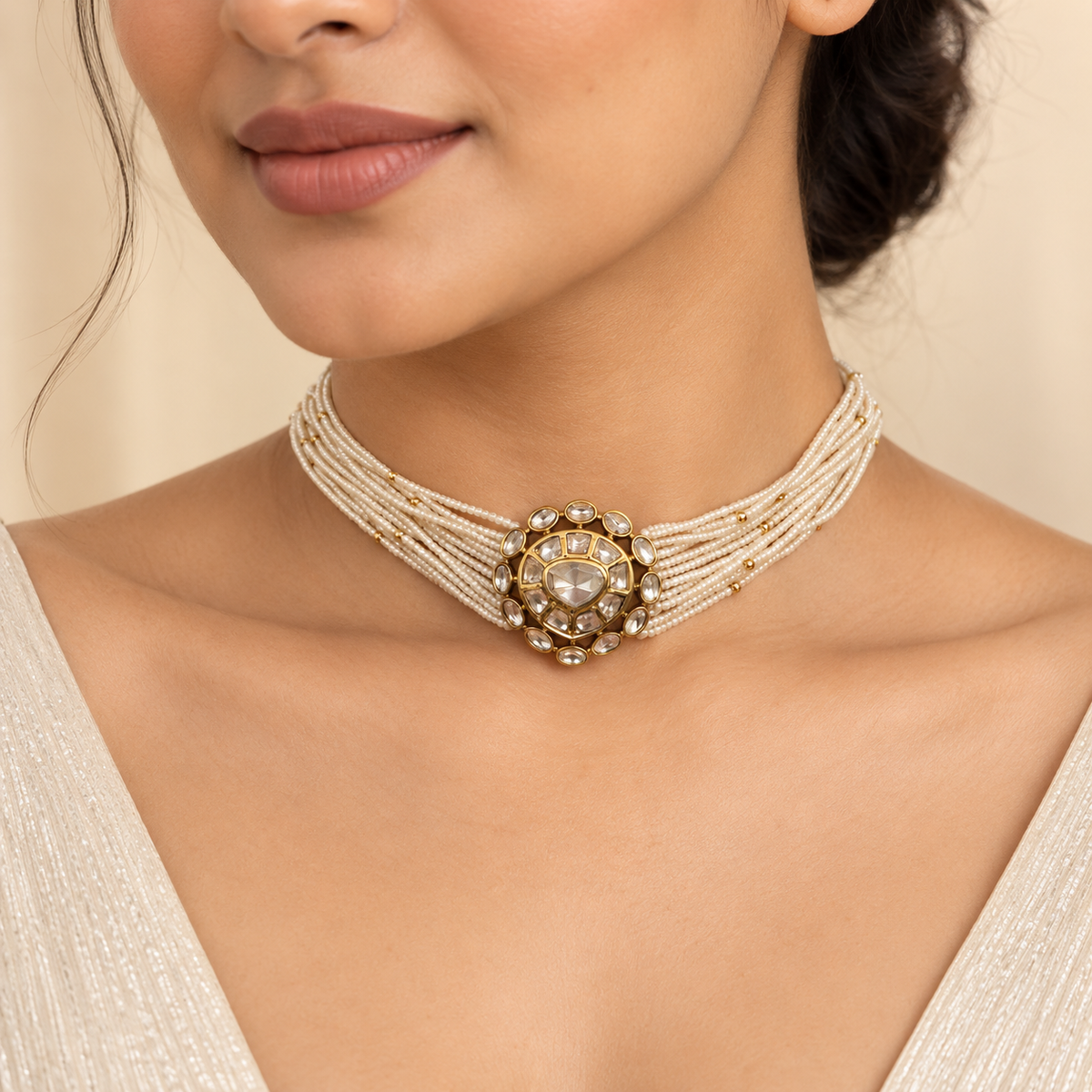 Aurevyn Moissanite Uncut Polki Pearl Choker Necklace Set | 22KT Gold Plated Pure Brass