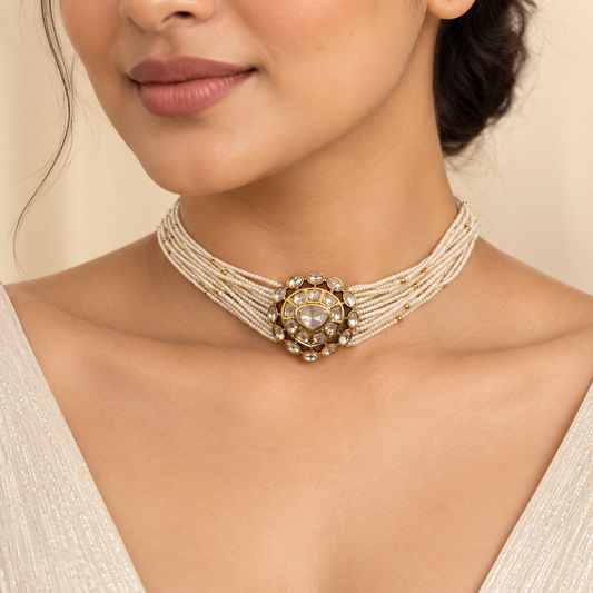 Aurevyn Moissanite Uncut Polki Pearl Choker Necklace Set | 22KT Gold Plated Pure Brass
