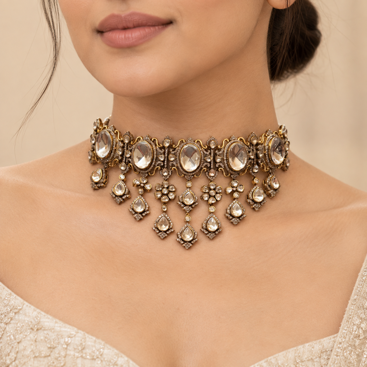 Zarevya Moissanite Polki Necklace Set | 22KT Gold Plated Bridal Jewellery