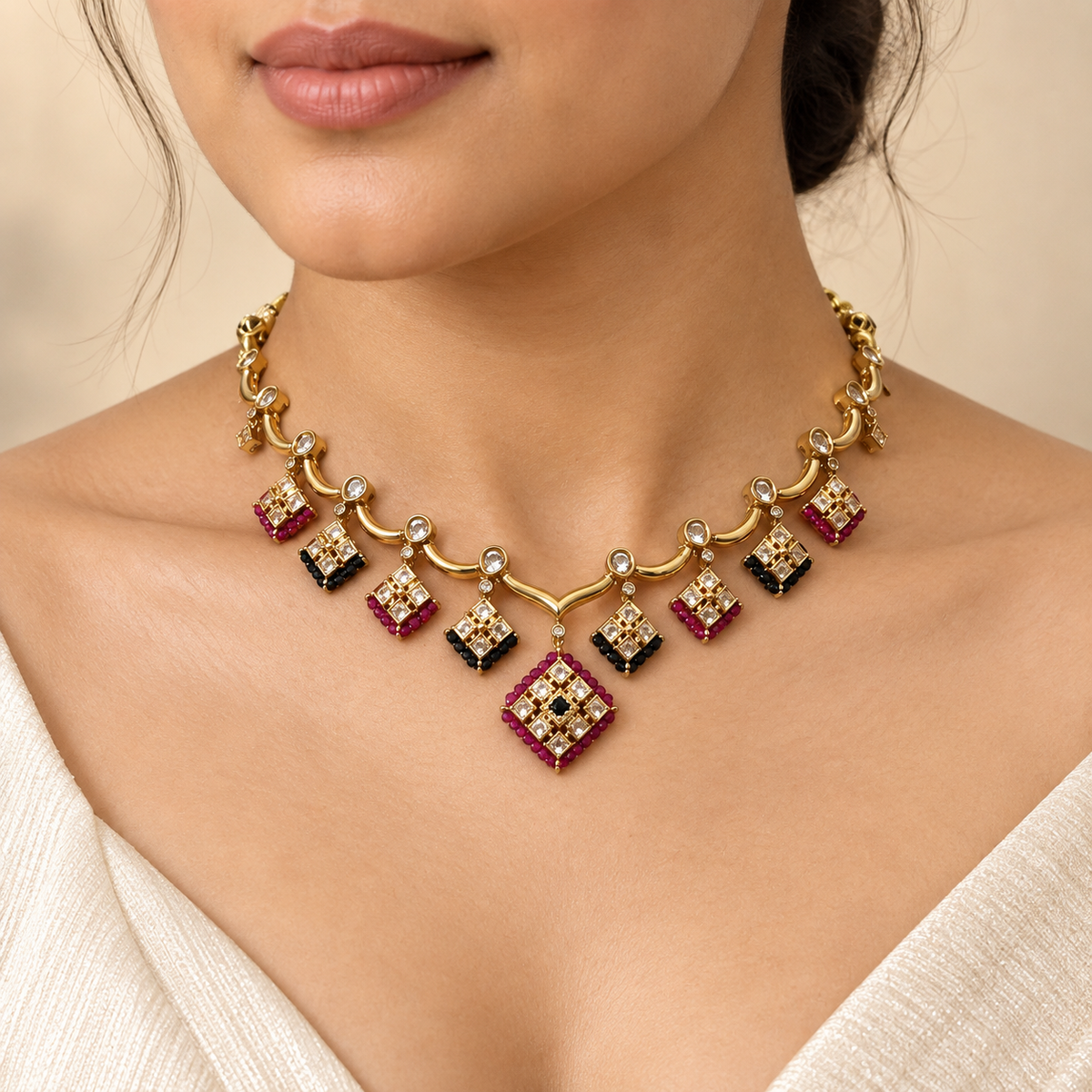 Ravique Moissanite Polki Necklace Set | 22KT Gold Plated Green Stone Jewellery