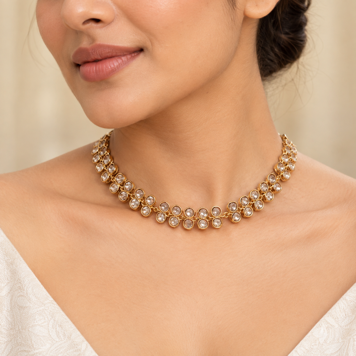 Elviora Moissanite Polki Necklace Set | 22KT Gold Plated Bridal Jewellery