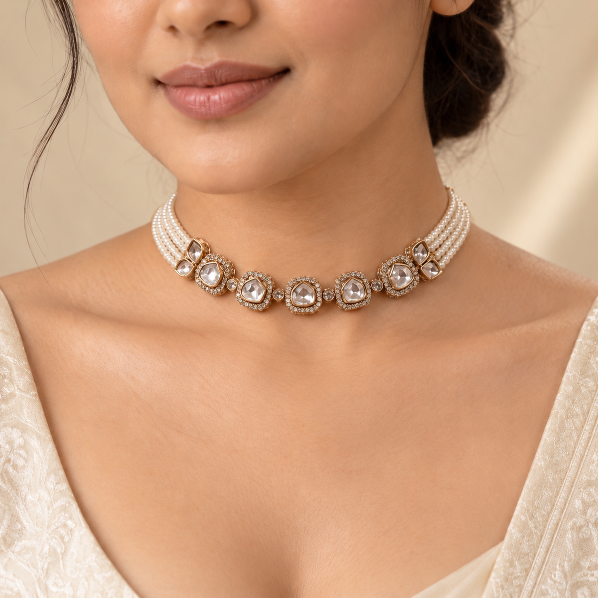 Nivara Moissanite Polki Necklace Set | 22KT Gold Plated Pearl Bridal Jewellery