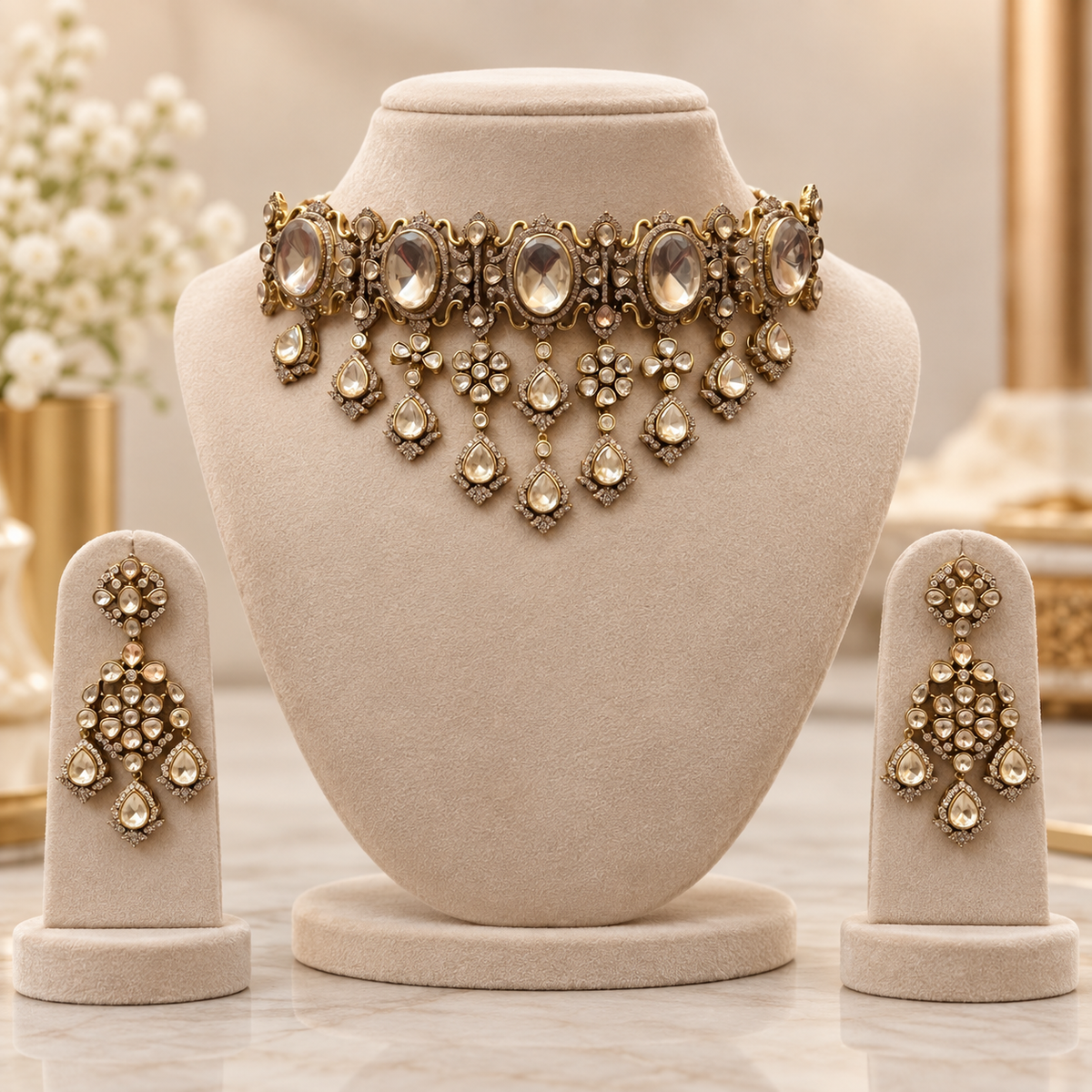 Zarevya Moissanite Polki Necklace Set | 22KT Gold Plated Bridal Jewellery