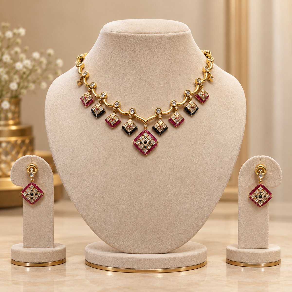 Ravique Moissanite Polki Necklace Set | 22KT Gold Plated Green Stone Jewellery