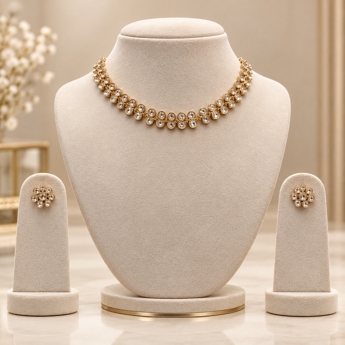 Elviora Moissanite Polki Necklace Set | 22KT Gold Plated Bridal Jewellery