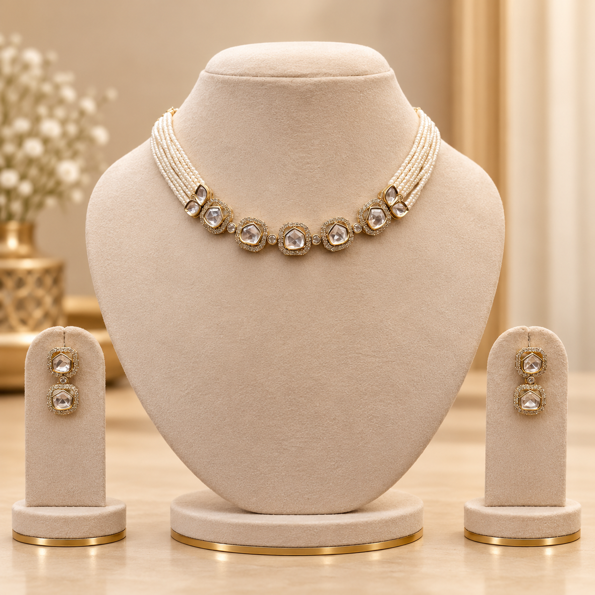 Nivara Moissanite Polki Necklace Set | 22KT Gold Plated Pearl Bridal Jewellery