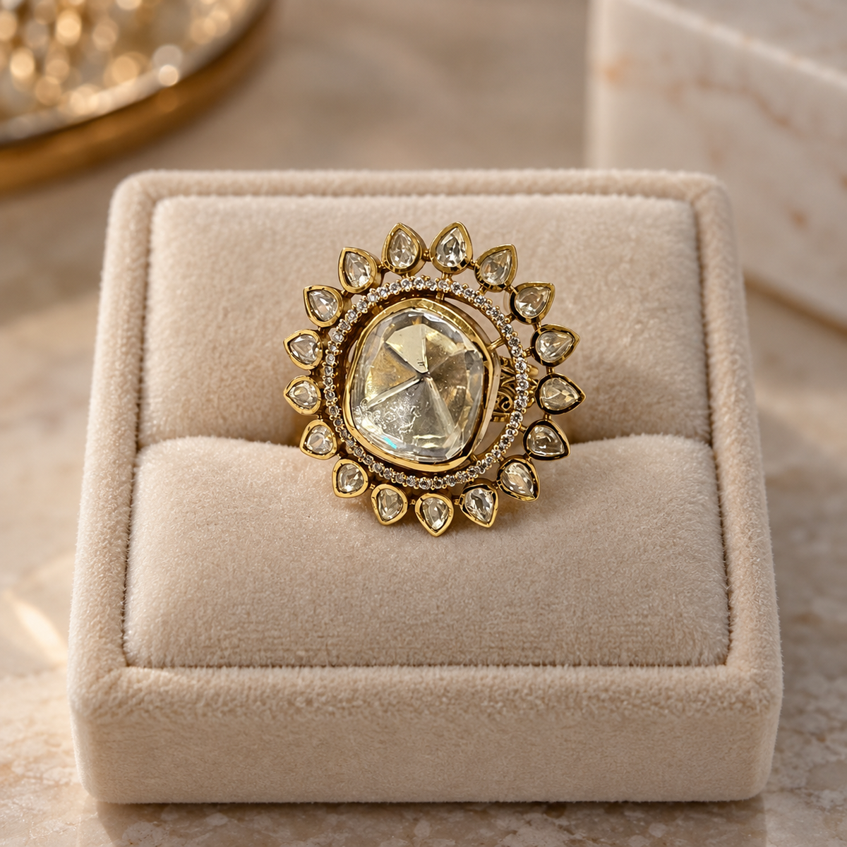 Seraphine Sunburst Moissanite Polki Ring | 22KT Gold Plated Ring