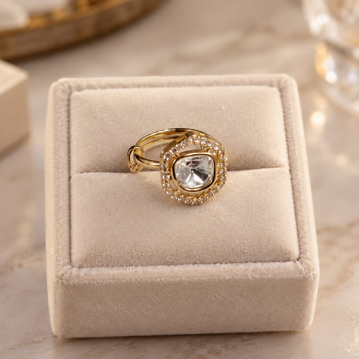 Orlina Cushion Moissanite Polki Ring | 22K Gold Plated