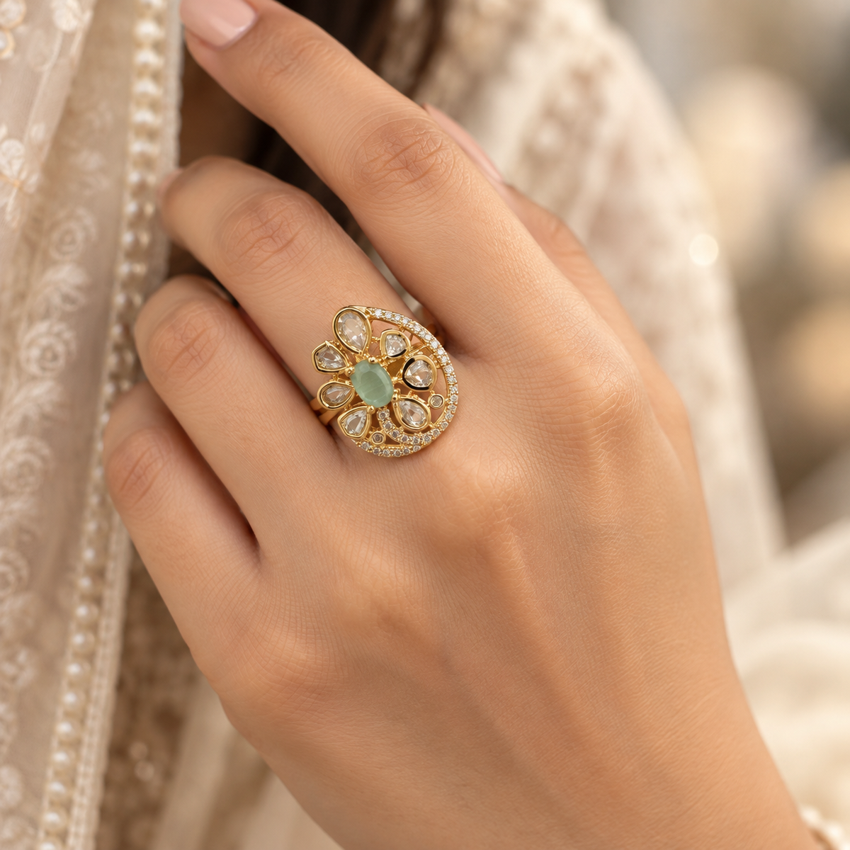 Rajrang Moissanite Polki Ring | 22KT Gold Plated Royal Ring