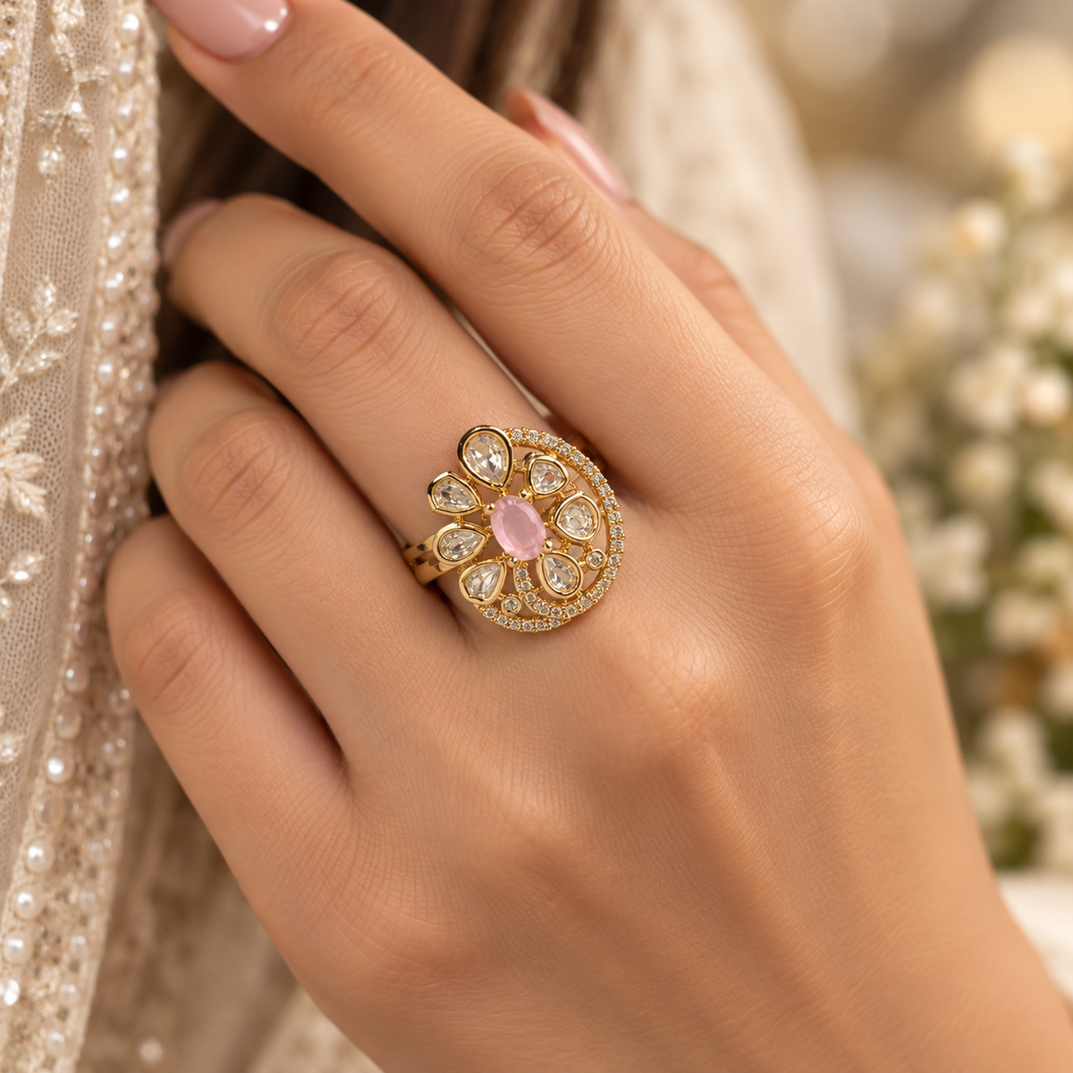 Rajrang Moissanite Polki Ring | 22KT Gold Plated Royal Ring