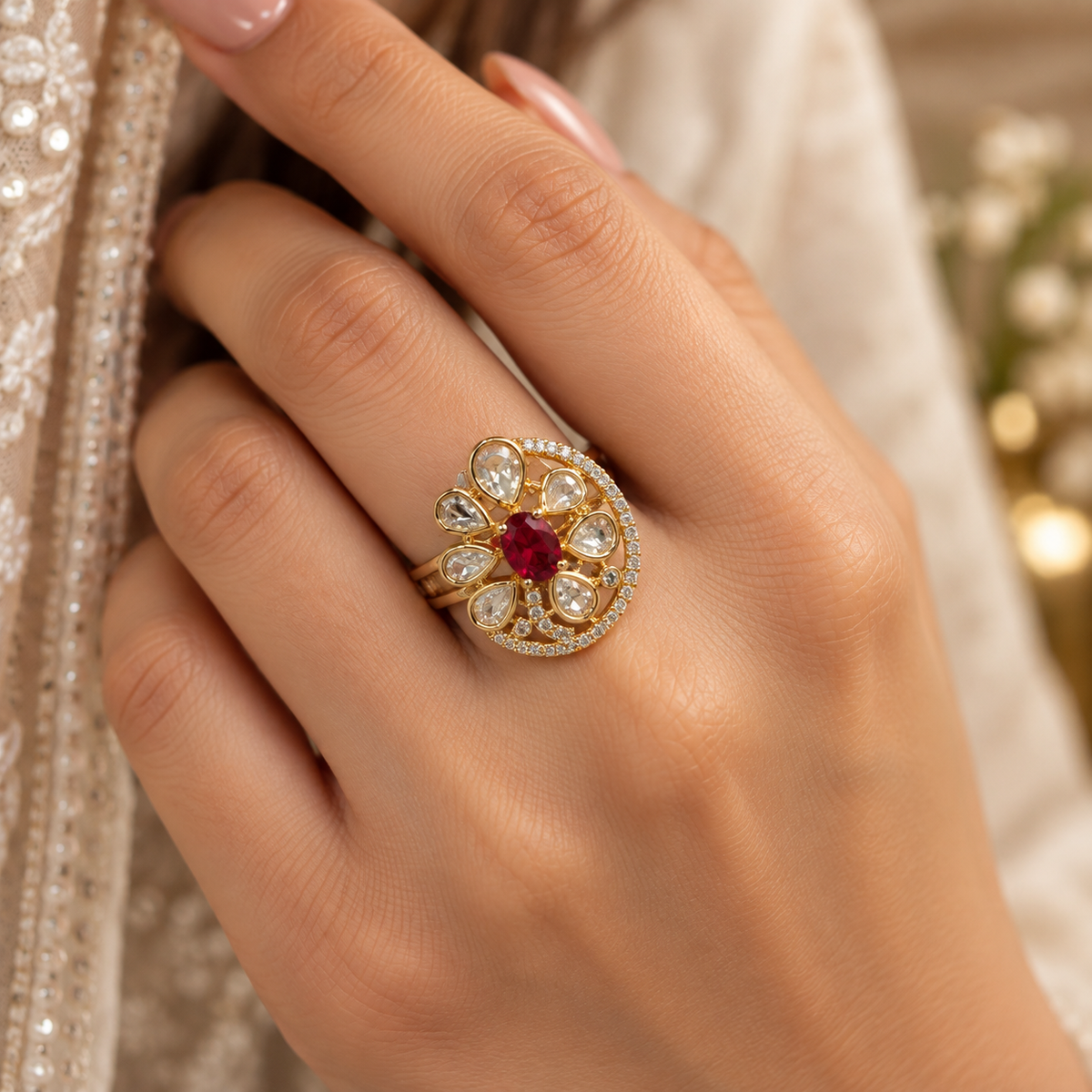 Rajrang Moissanite Polki Ring | 22KT Gold Plated Royal Ring