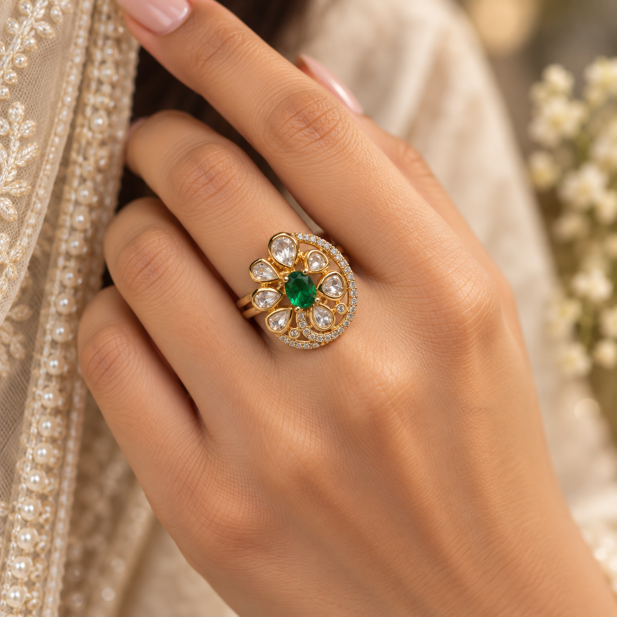 Rajrang Moissanite Polki Ring | 22KT Gold Plated Royal Ring