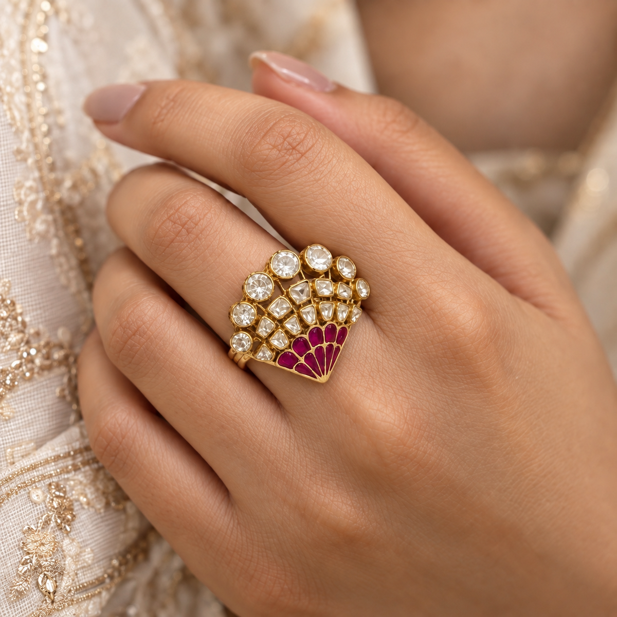 Mayur Raj Moissanite Polki Ring | 22KT Gold Plated Royal Ring